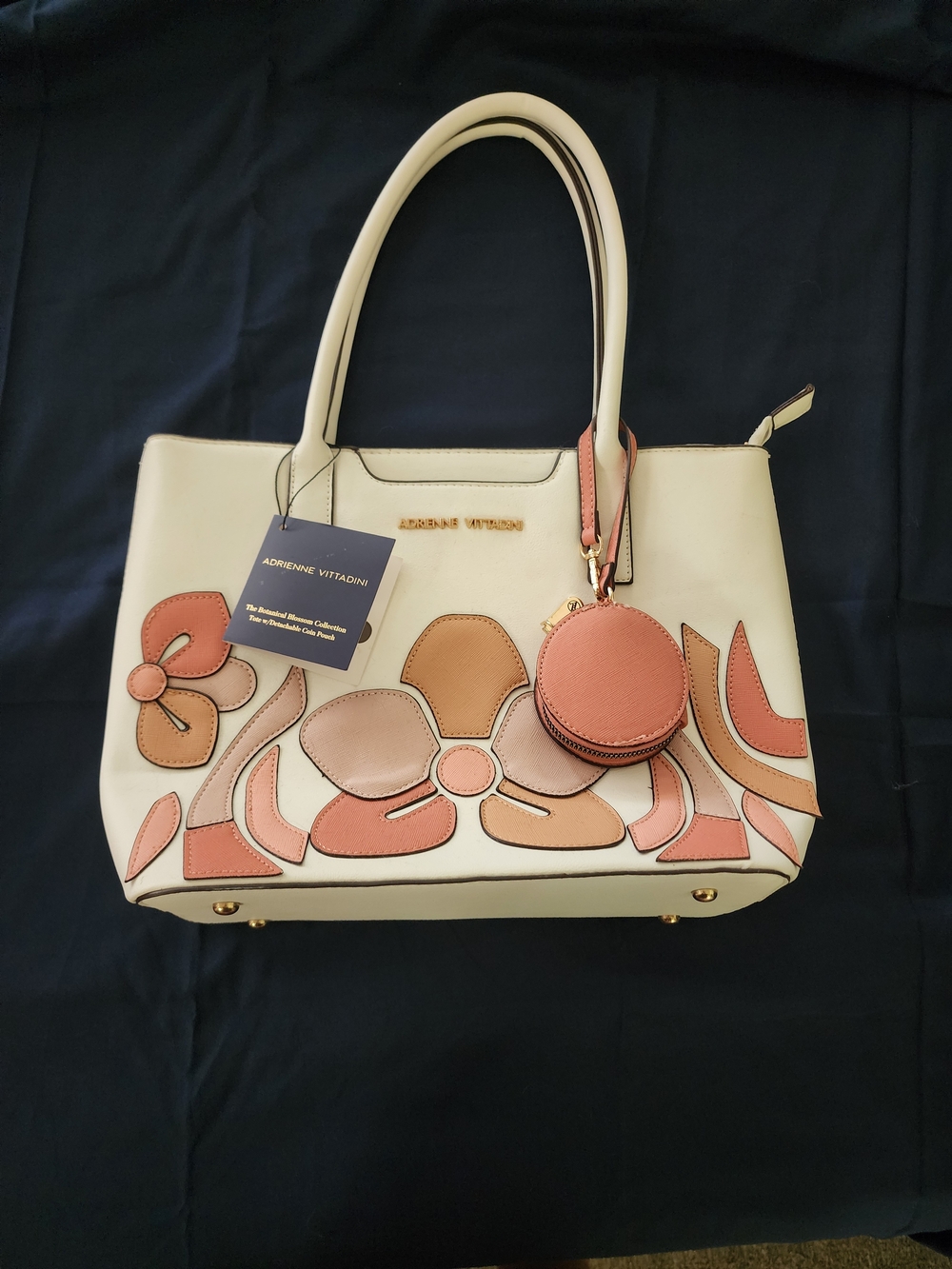 Adrienne Vittadini Cream Tote with Pink and Tan Floral Appliques